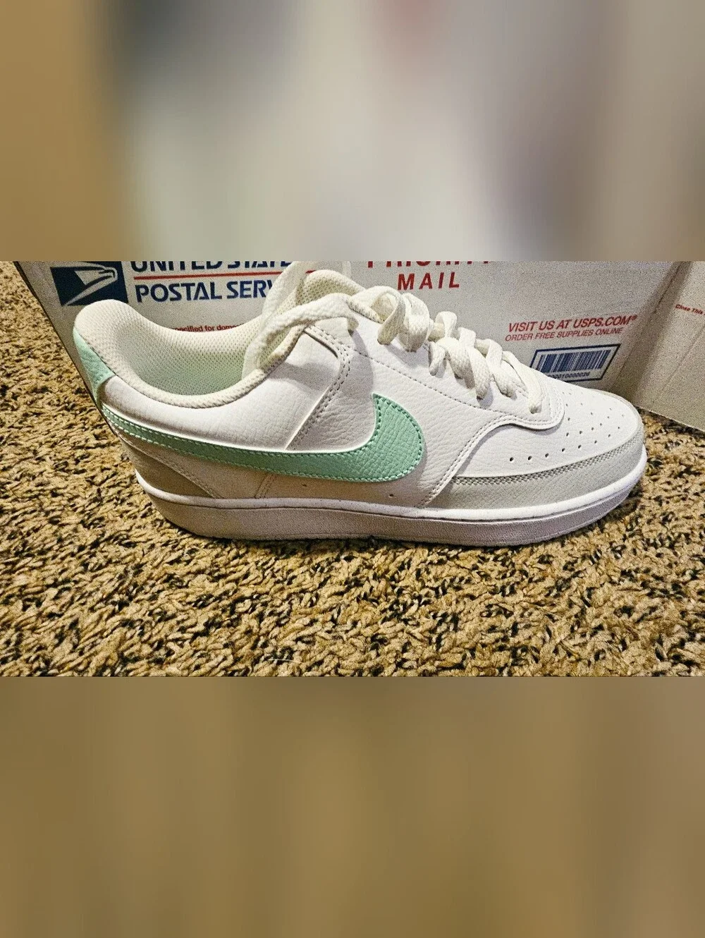 Nike 10.5 Women's Low-Top Sneaker in White with Mint Green Swoosh